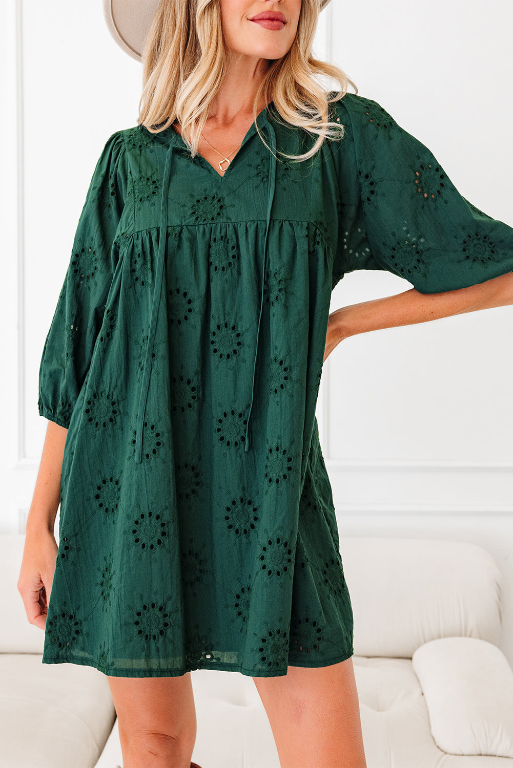 Blackish Green Eyelet Embroidered Swing Dress Puff Sleeve Dear-Lover Dropshipping